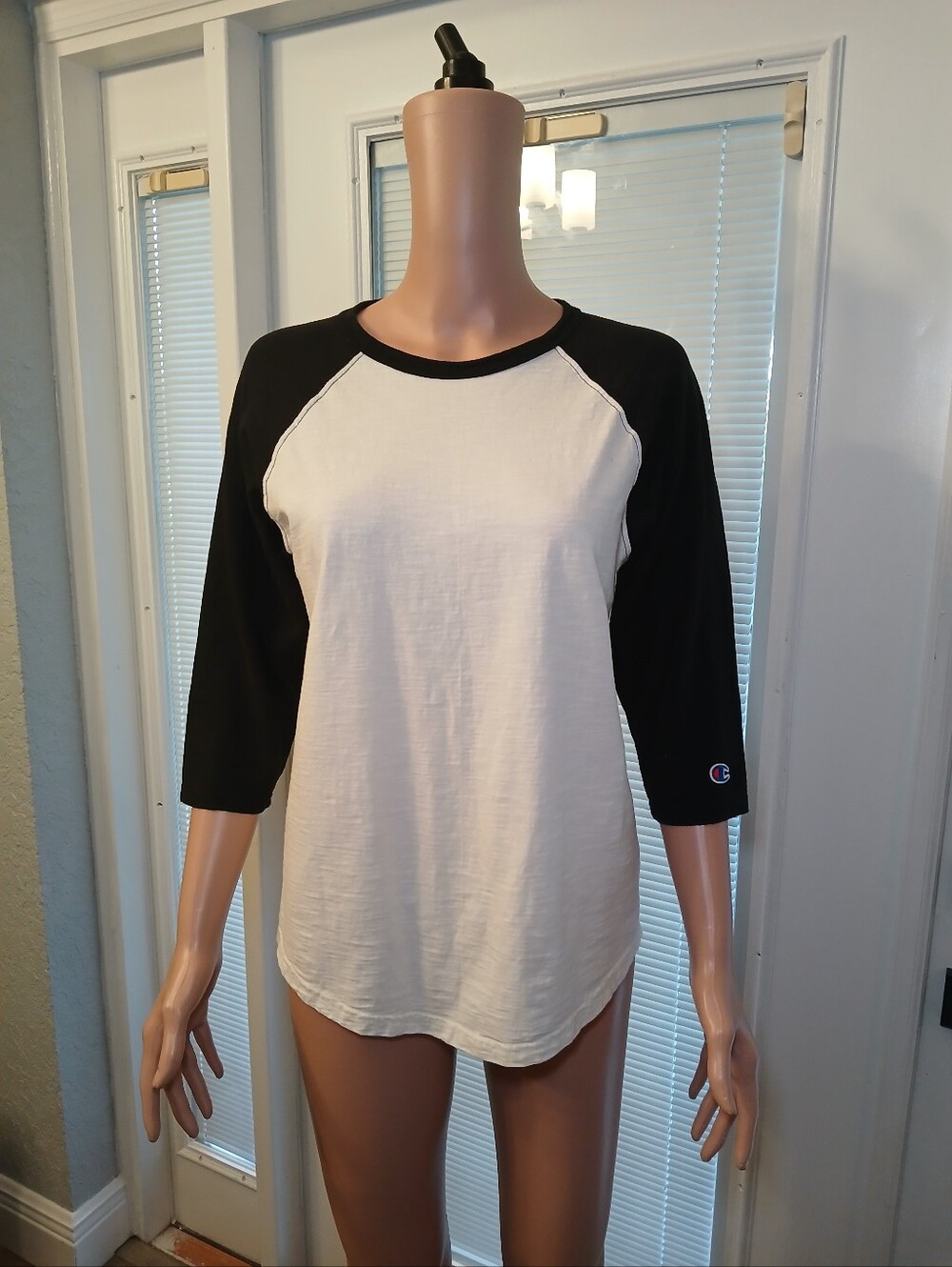 Champion White Body with Black 3/4 Raglan Sleeve Tee